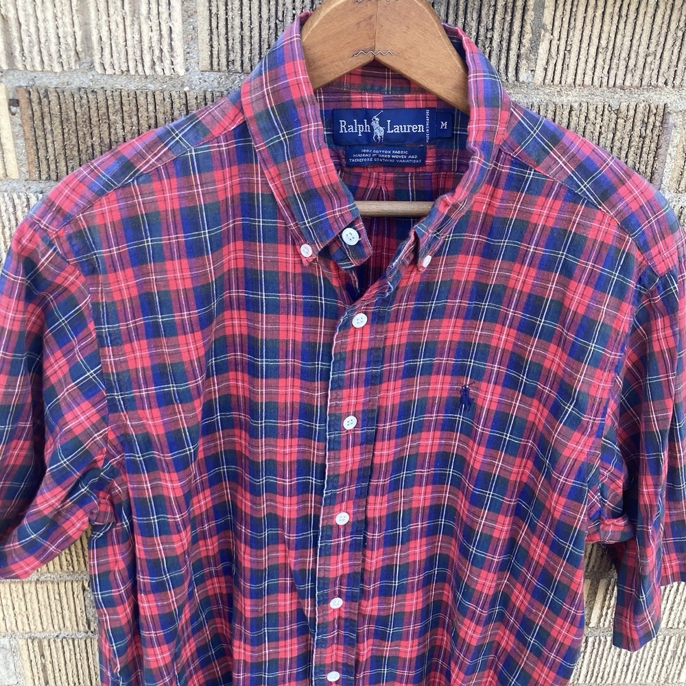 Ralph Lauren Men's Medium MADRAS Short Sleeve Button Down HAND WOVEN Fall Plaid